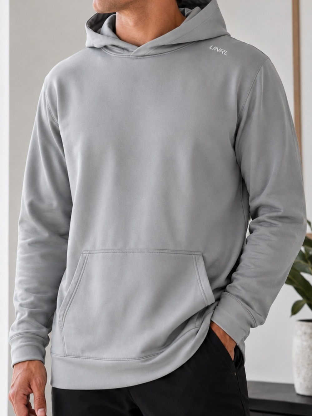UNRL Performance Hoodie Gray Pullover Kangaroo Pocket Stretch Fleece Lined